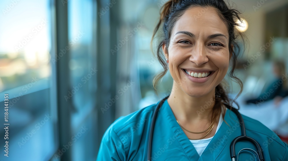 Fototapeta premium A female doctor smiles at the camera while wearing a stethoscope.
