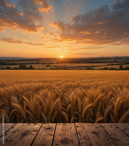 Wooden Podium in a Golden Wheat Field at Sunset