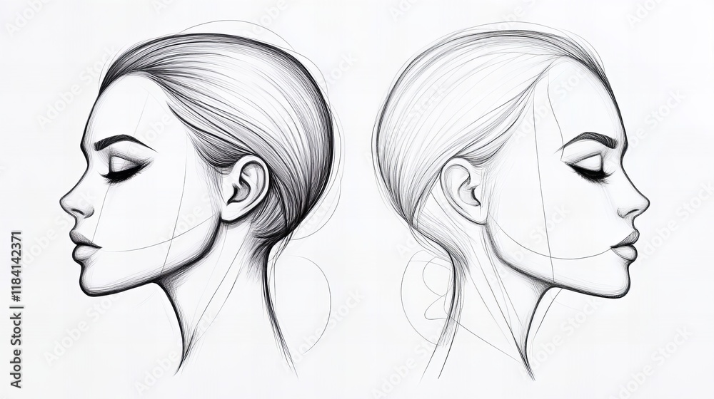 Side profile pencil sketch of a woman's face, showcasing elegant lines and shading. Side profile pencil sketch of a woman's face, showcasing elegant lines and shading.