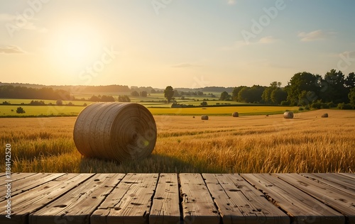 Wooden Podium in a Golden Wheat Field at Sunset with Hay Bales