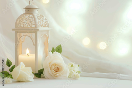 An Arabic lantern of Ramadan with roses and candlelight, against a Soft background, a Beautiful Arabic Lantern for the Ramadan Kareem celebration, with copy space for text. Generative Ai photo