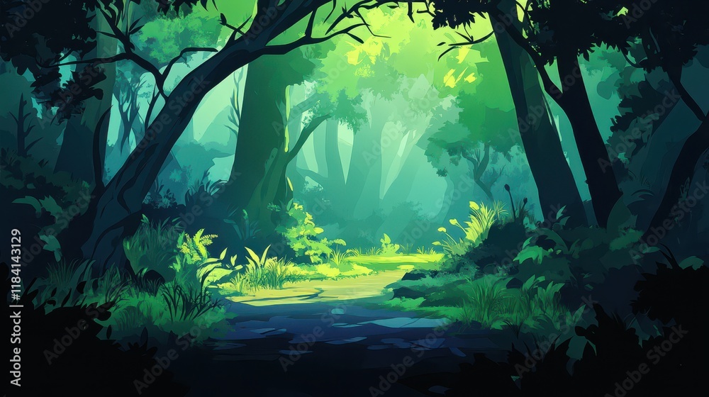 Serene Green Forest Path Beckons Through Lush Foliage Serene Green Forest Path Beckons Through Lush Foliage