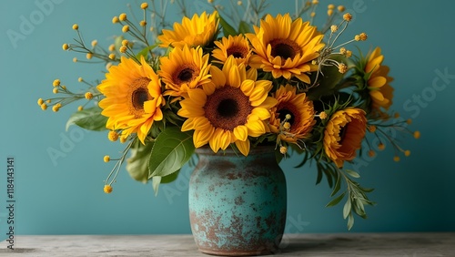Vibrant Sunflower Bouquet in Rustic Teal Vase, A Stunning Cyan Floral Composition