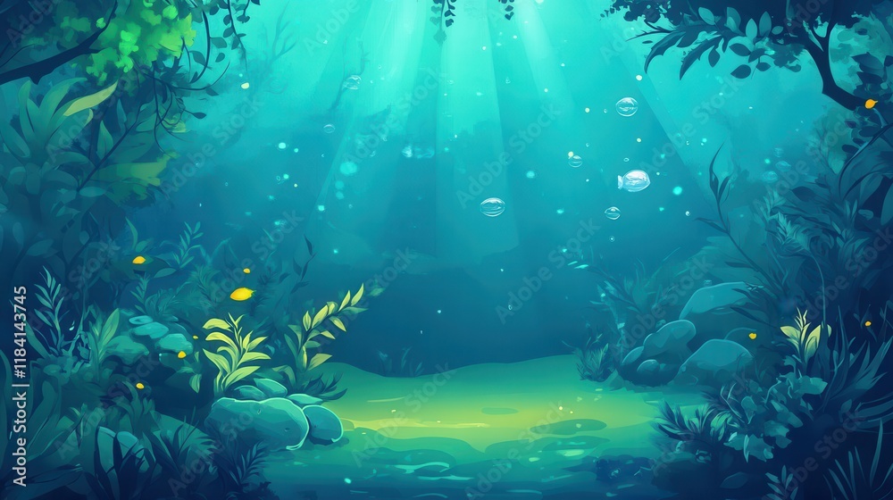 Fototapeta premium Underwater Forest Scene With Sunlight Rays and Bubbles