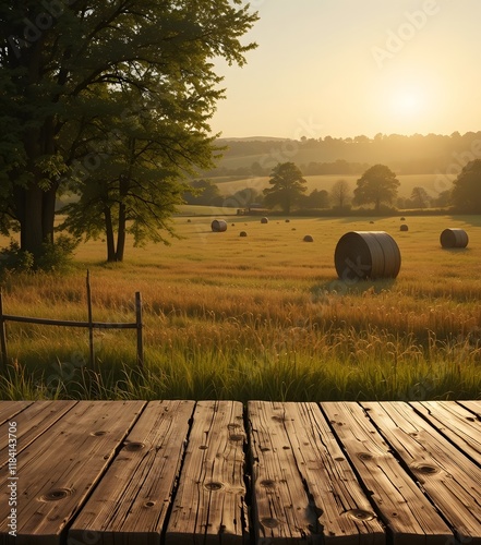 Wooden Podium in a Golden Wheat Field at Sunset with Hay Bales