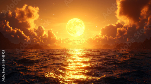 Majestic Sunset: Golden Moon over Ocean Waves