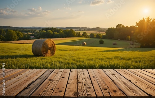 Wooden Podium in a Golden Wheat Field at Sunset with Hay Bales