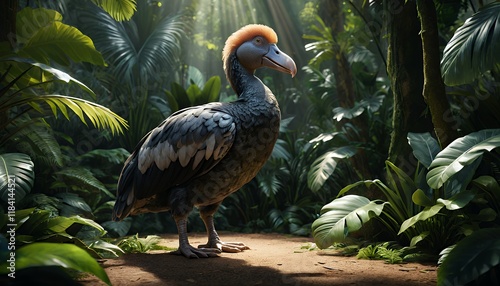 Majestic Dodo Bird in Lush Tropical Paradise: A Digital Rendering of Extinct Avian Species photo