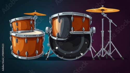 Rock drums set. Musical percussion drum instrument, sound concert music band kit metal cymbal beat cartoon vector illustration photo