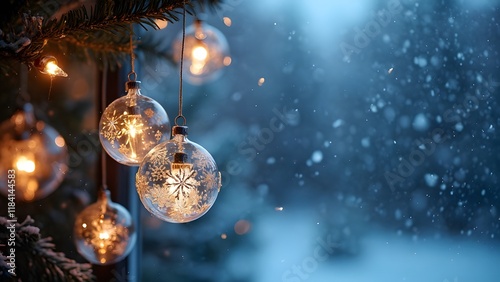 Enchanted Christmas, Glowing Glass Ornaments and Twinkling Lights Against a Snow-Kissed Windowpane at Nightfall