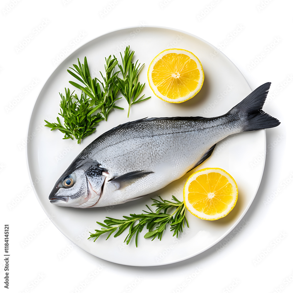 Fresh Raw Whole Sea Fish with Lemon on plate top view isolated on white background Fresh Raw Whole Sea Fish with Lemon on plate top view isolated on white background