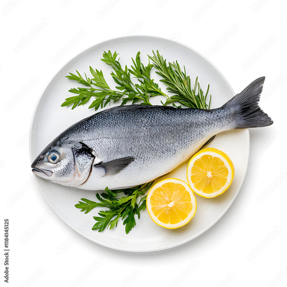 Fresh Raw Whole Sea Fish with Lemon on plate top view isolated on white background Fresh Raw Whole Sea Fish with Lemon on plate top view isolated on white background