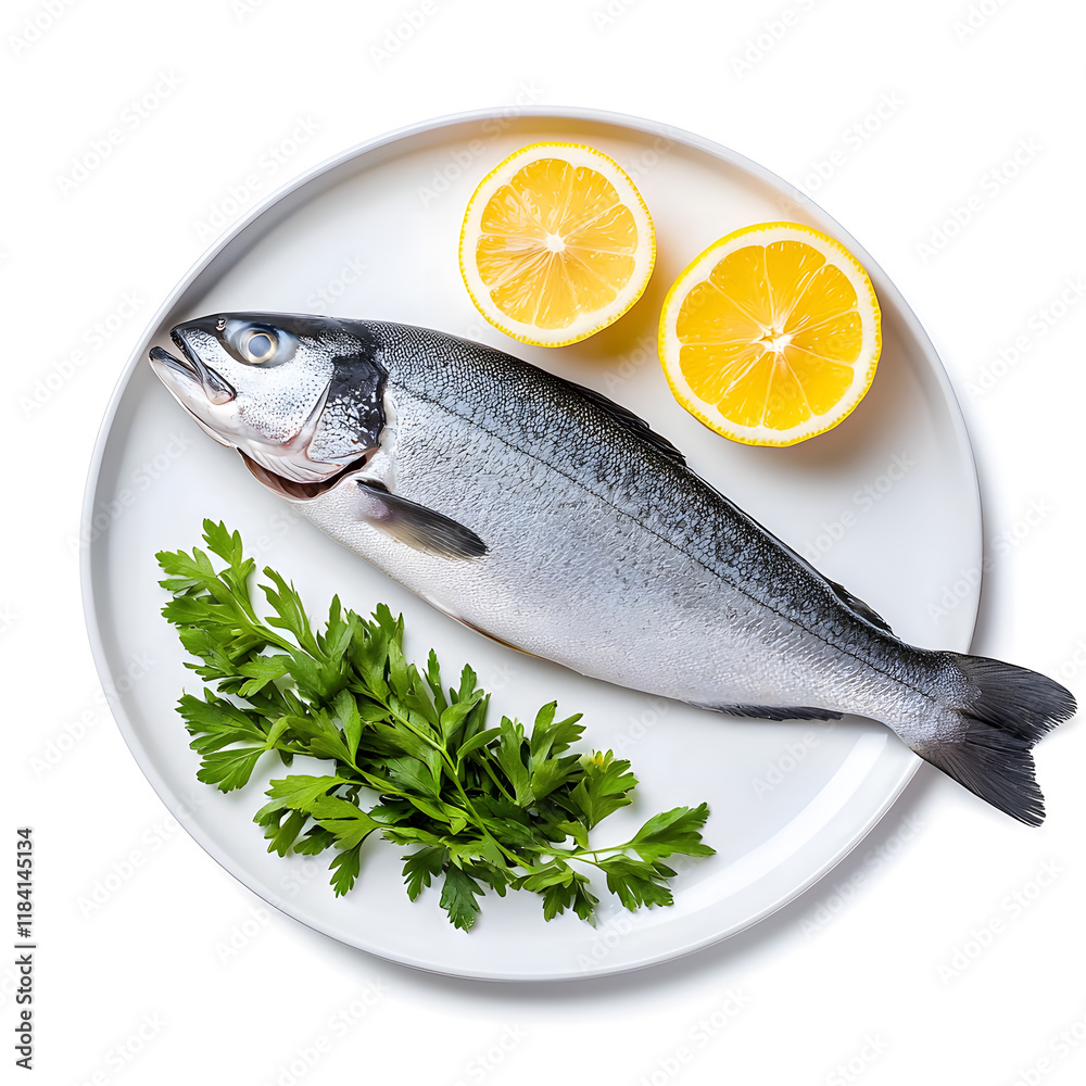 Fresh Raw Whole Sea Fish with Lemon on plate top view isolated on white background Fresh Raw Whole Sea Fish with Lemon on plate top view isolated on white background