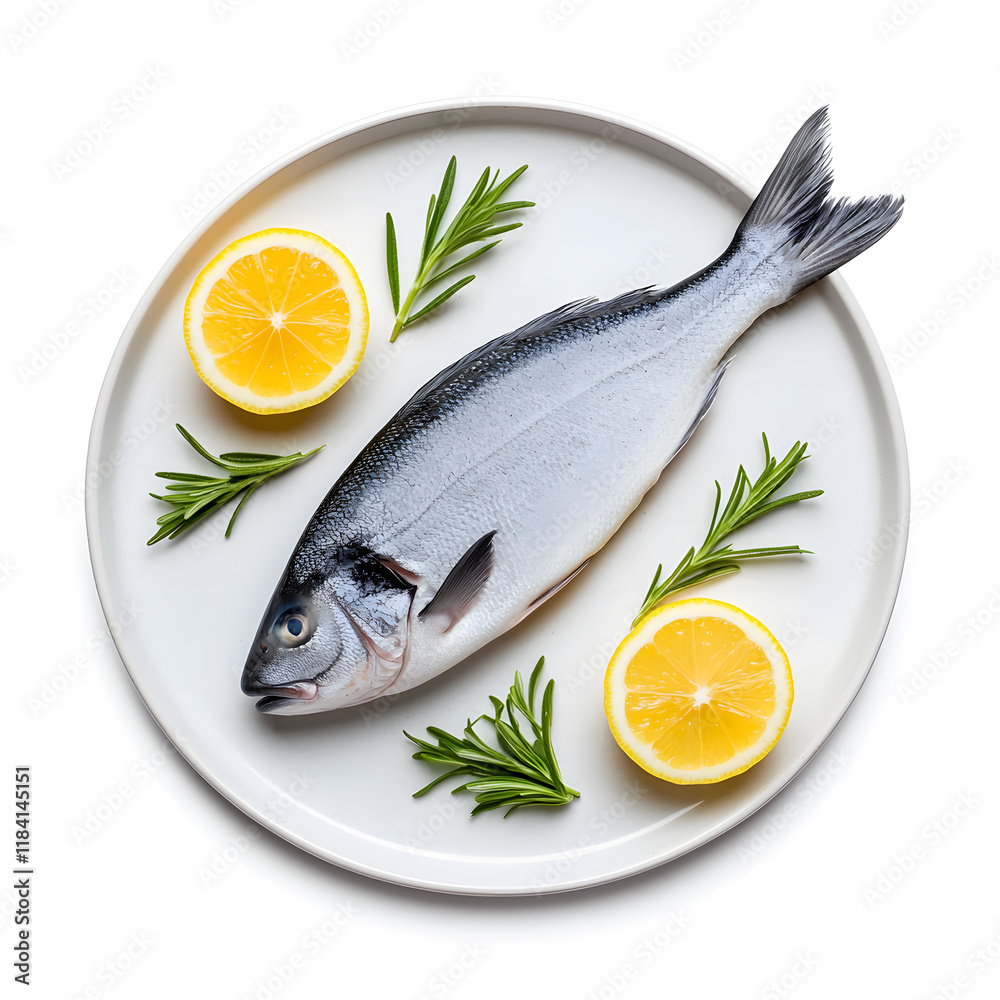 Fresh Raw Whole Sea Fish with Lemon on plate top view isolated on white background Fresh Raw Whole Sea Fish with Lemon on plate top view isolated on white background