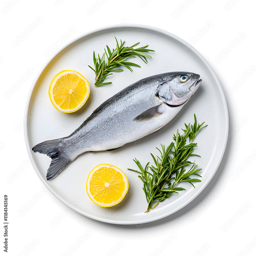 Fresh Raw Whole Sea Fish with Lemon on plate top view isolated on white background