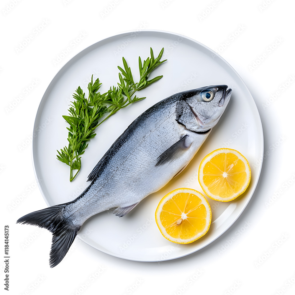 Fresh Raw Whole Sea Fish with Lemon on plate top view isolated on white background Fresh Raw Whole Sea Fish with Lemon on plate top view isolated on white background