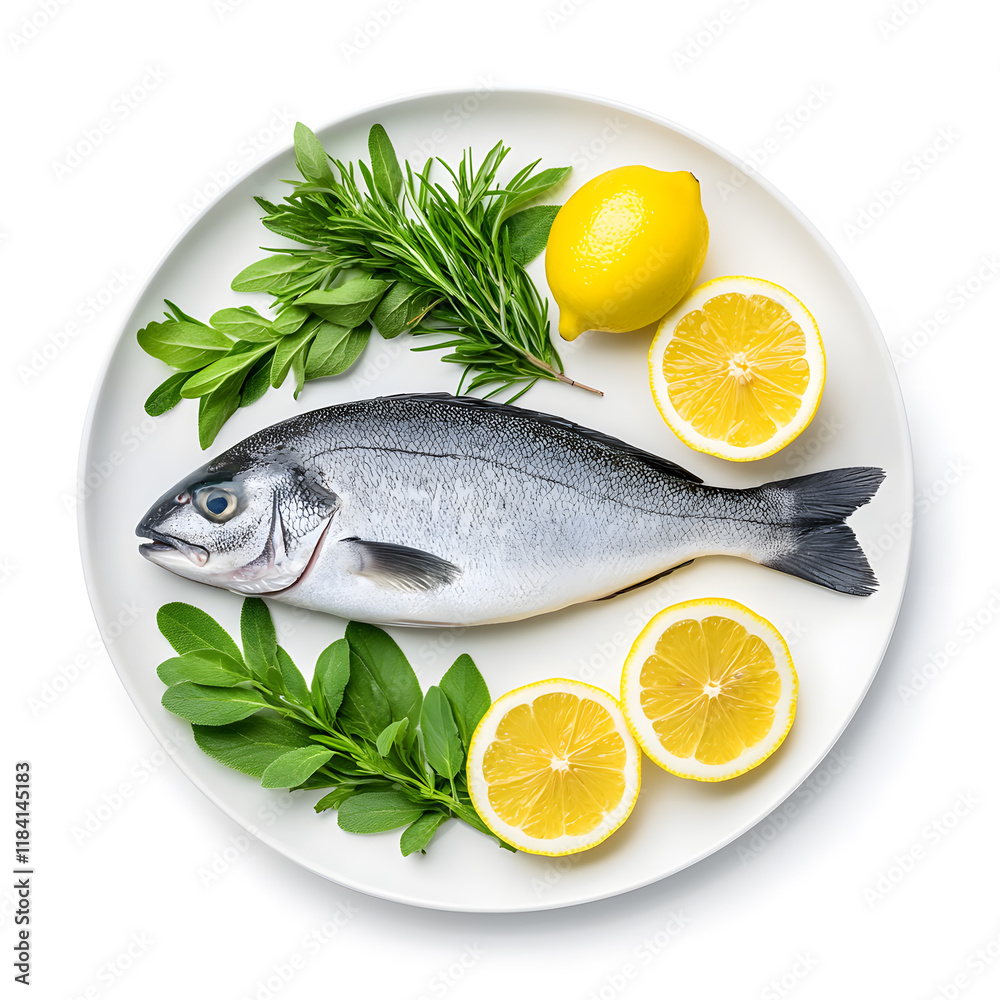 Fresh Raw Whole Sea Fish with Lemon on plate top view isolated on white background Fresh Raw Whole Sea Fish with Lemon on plate top view isolated on white background