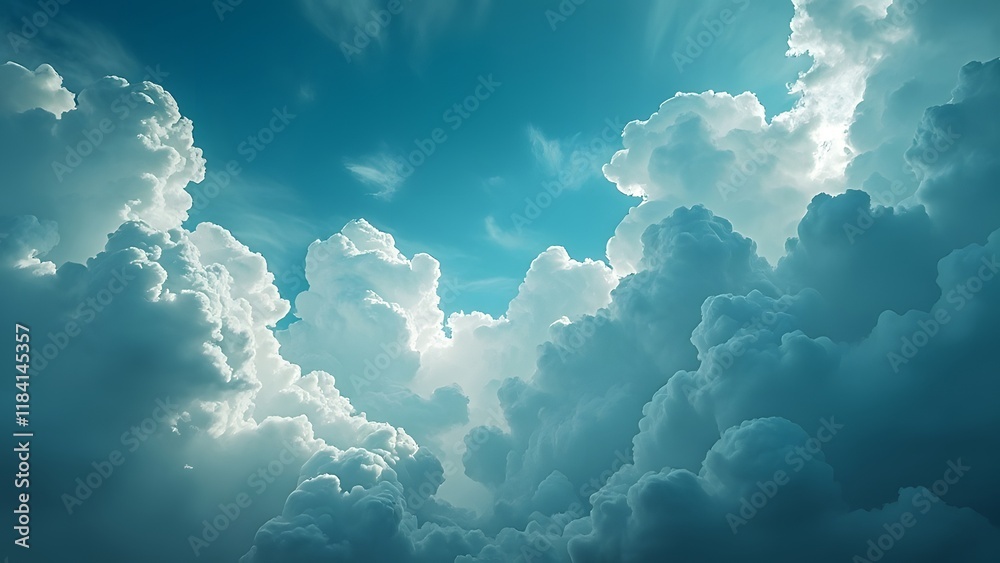 Naklejka premium Dramatic Cyan Cloudscape, Abstract Textured Cloud Formations with Light and Shadow
