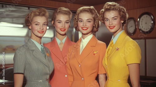 Vintage female models in colorful outfits smiling at a retro train station setting