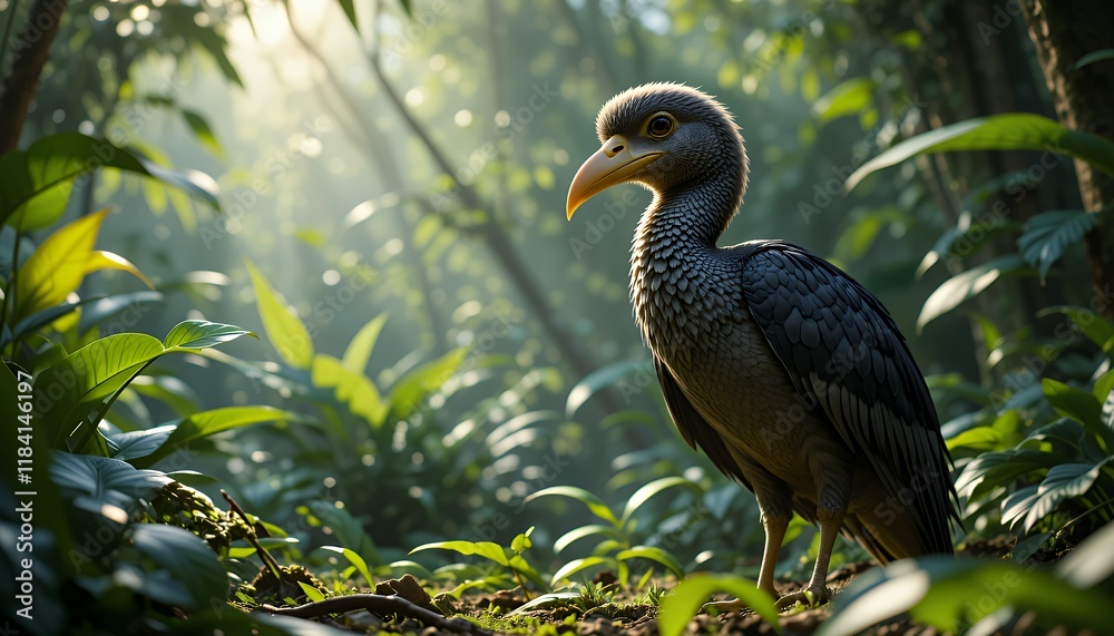 Serene Jungle Bird: A Digital Painting of a Unique Avian Species in Lush Tropical Foliage Serene Jungle Bird: A Digital Painting of a Unique Avian Species in Lush Tropical Foliage