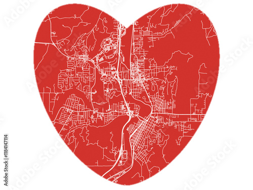 Heart-Shaped Map of Roseburg Oregon, USA in Bold Red and White Design. photo