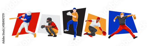 Set of male baseball player character with different poses. Isolated on white background. Flat vector illustration.