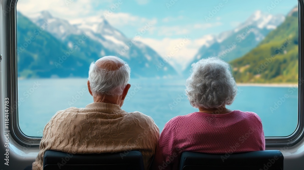 Fototapeta premium Seniors in Love Two elderly individuals enjoying a scenic mountain view from a train window.