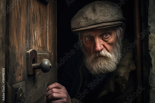 An Elderly Gentleman s Approach to an Unassuming Doorway Set in a Brick Wall Stirring Within Him a Profound Sense of Enigmatic Intrigue and Eager Expectancy photo