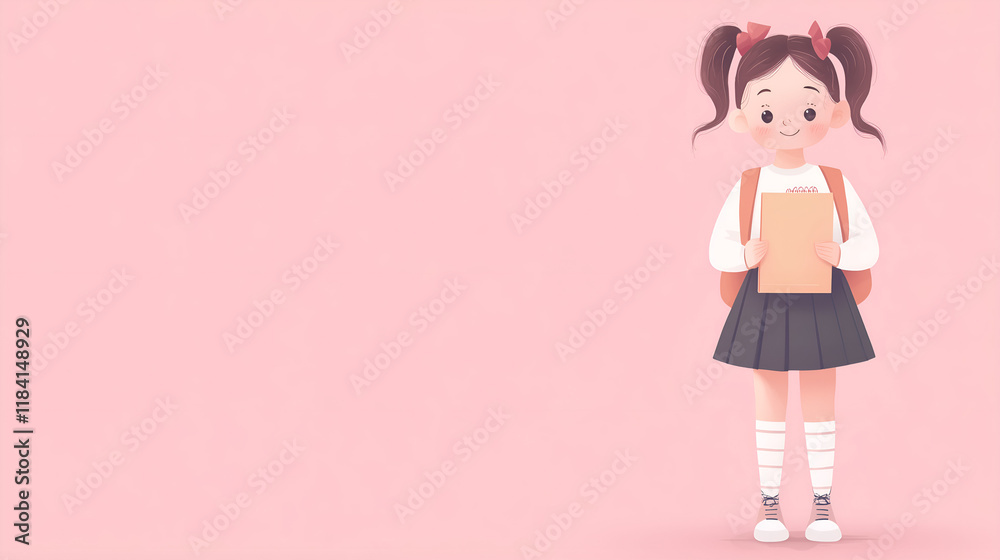 Cute cartoon schoolgirl with a backpack and notebook on a pastel pink background Cute cartoon schoolgirl with a backpack and notebook on a pastel pink background