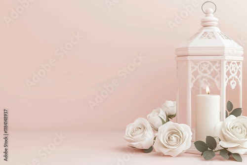 An Arabic lantern of Ramadan with roses and candlelight, against a Soft background, a Beautiful Arabic Lantern for the Ramadan Kareem celebration, with copy space for text. Generative Ai photo