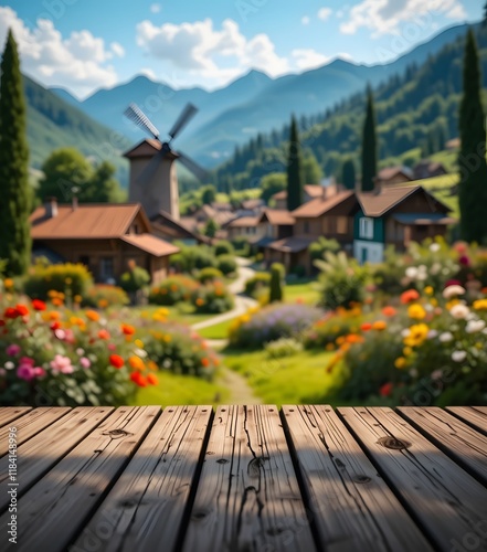 Wooden Podium Overlooking a Charming Village with a Windmill and Mountain Views