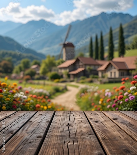 Wooden Podium Overlooking a Charming Village with a Windmill and Mountain Views