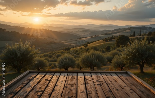 Wooden Podium Overlooking a Tuscan Sunset