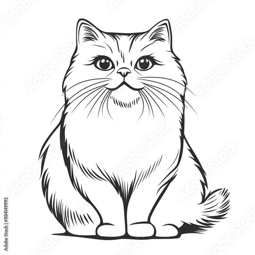 Simple line drawing of a Siberian cat full body on a white background, 