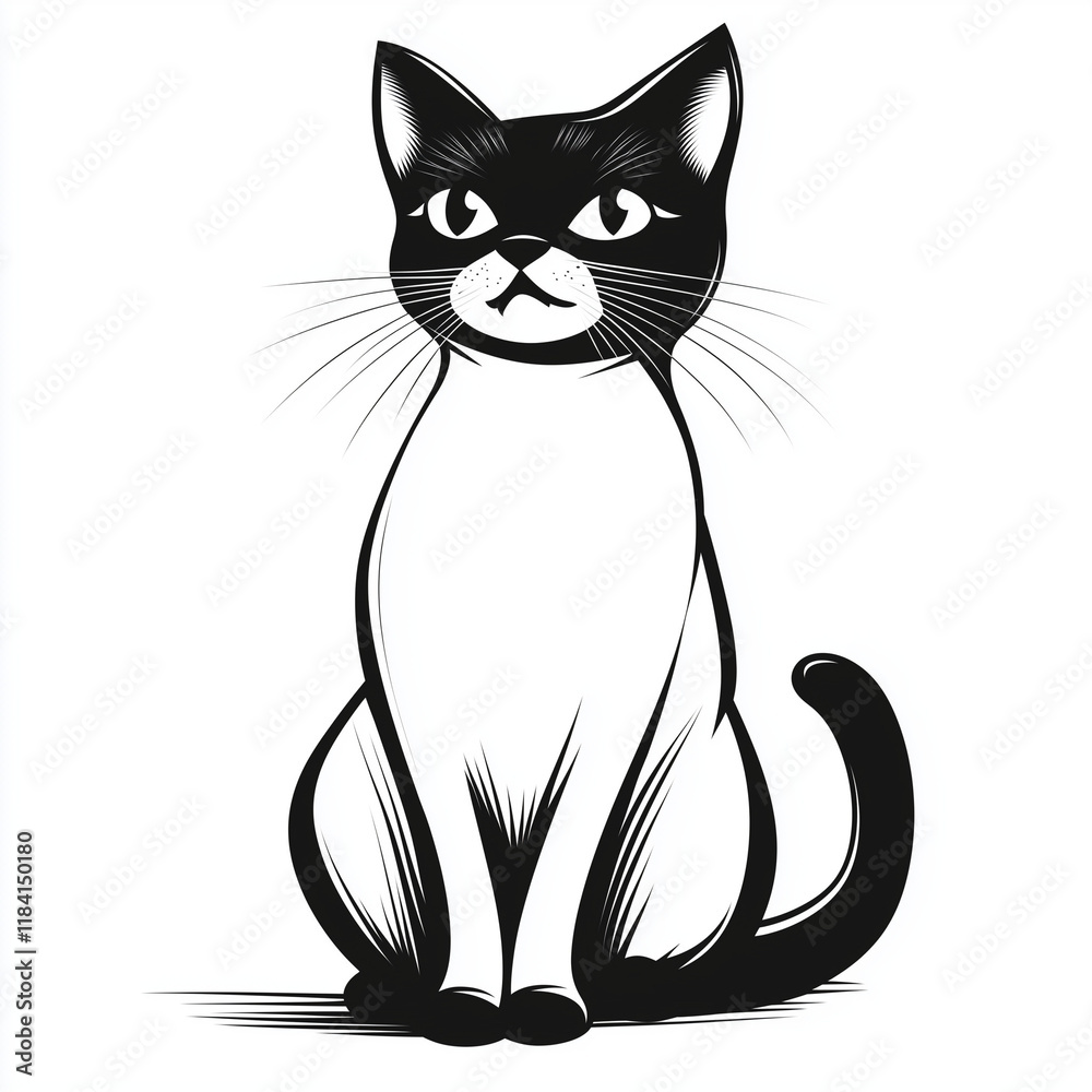 Simple line drawing of a Snowshoe cat full body on a white background, Simple line drawing of a Snowshoe cat full body on a white background,