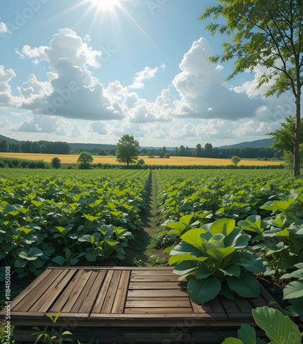 Wooden Podium Through a Lush Green Farm Field at Sunset