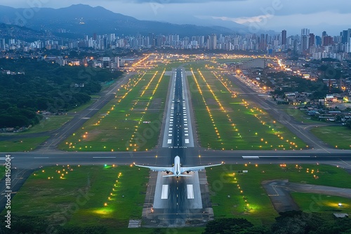 Airplane Takes Off from Runway at Night with City Skyline photo