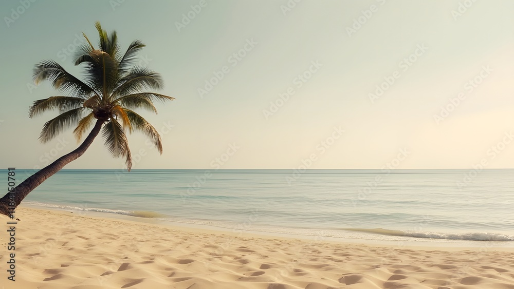 Obraz premium Minimalist Beach Scene, Serene Palm Tree on Soft Sand and Crystal Clear Water - Travel Inspiration