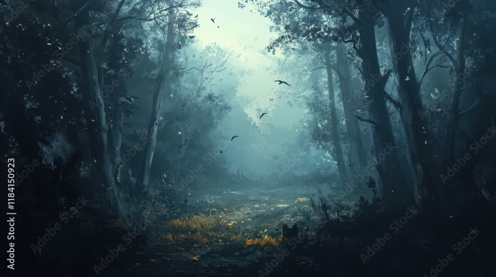 Obraz premium Mystical Forest Path Birds Fly Through Foggy Trees