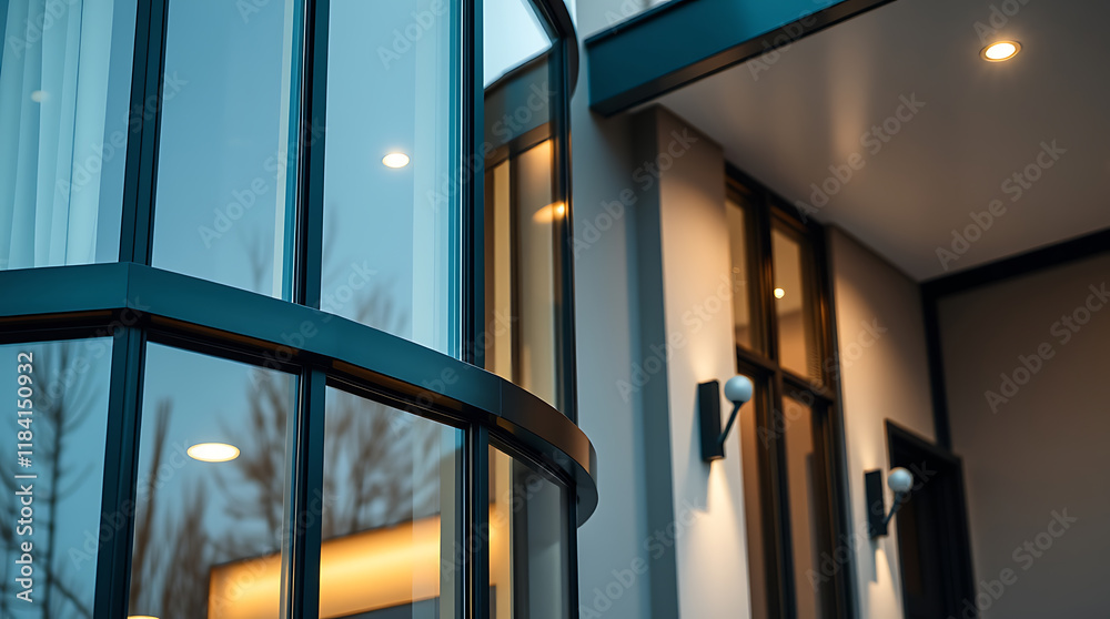 A modern building's exterior features a curved bay window with dark frames, reflecting trees and light. The building's pale facade includes recessed lighting and dark-framed doors and windows. A modern building's exterior features a curved bay window with dark frames, reflecting trees and light. The building's pale facade includes recessed lighting and dark-framed doors and windows.