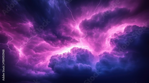 Vivid purple lightning striking dark clouds.