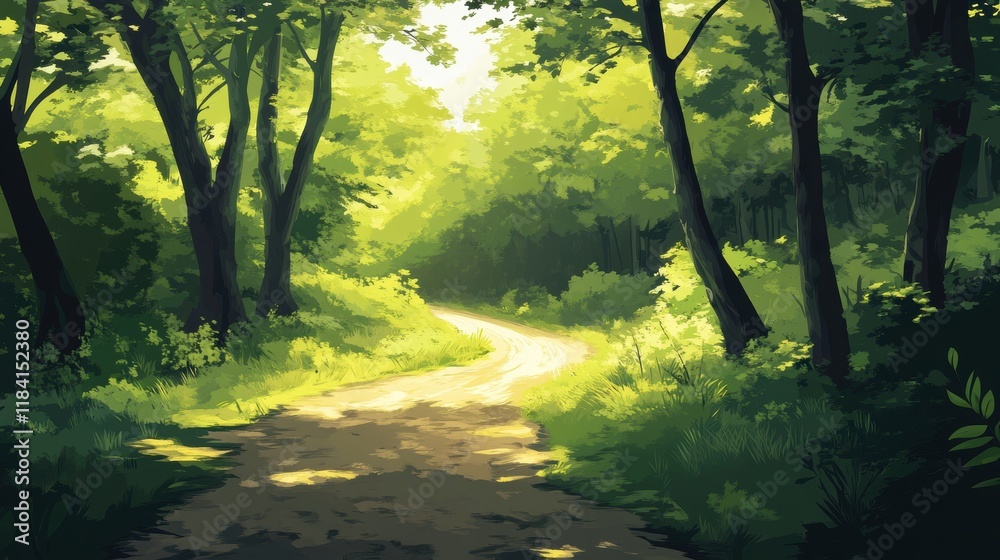 Naklejka premium Sunlit Path Winding Through Lush Green Forest