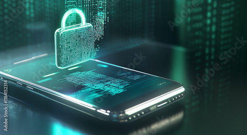 Wallpaper Mural Cybersecurity Smartphone Lock:  Digital fingerprint scan and holographic padlock on smartphone screen, futuristic green binary code background.  Protecting digital assets Torontodigital.ca