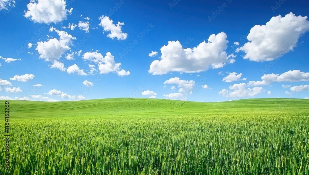 Lush Green Wheat Field under a Bright Blue Sky with Fluffy White Clouds Lush Green Wheat Field under a Bright Blue Sky with Fluffy White Clouds