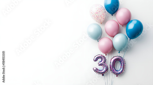 Pastel balloons and metallic number 30 on a white background for a birthday celebration