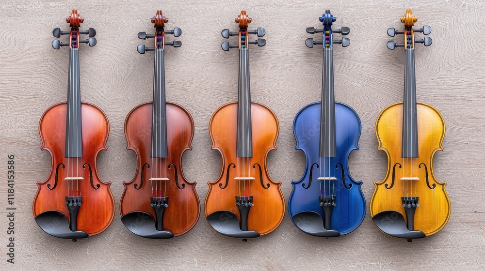 Naklejka premium A Colorful Collection of Five Violins Displayed Stylishly on a Light Wooden Background