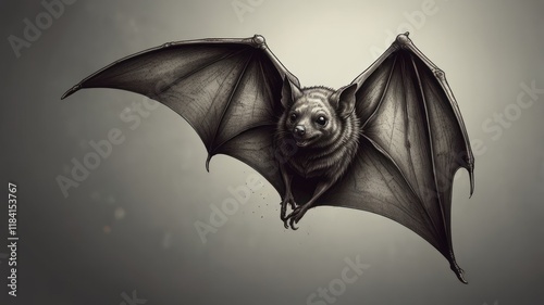 Monochrome illustration of a bat in flight, with detailed wing structure and a slightly comical expression. photo