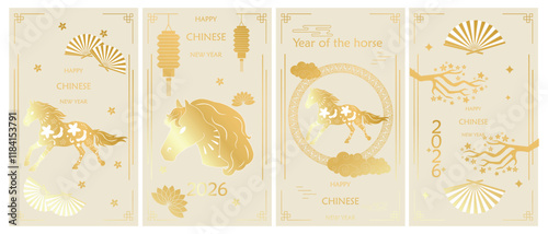 Big Chinese traditional New Year backgrounds with horse flowers pattern, clouds, lanterns, fan, Chinese ornaments and vintage golden oriental Chinese border frames. Vertical vector posters