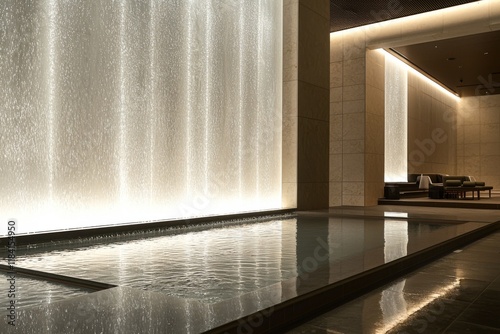 hotel lounge with an indoor pool, highlighted by a modern water feature and soft white lighting on one wall, offering a relaxing and elegant atmosphere.