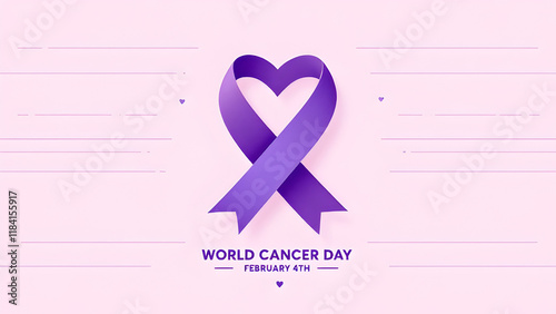 World Cancer Day Awareness Poster with Purple Ribbon, globe illustration with 4 February and world cancer day text on it. photo